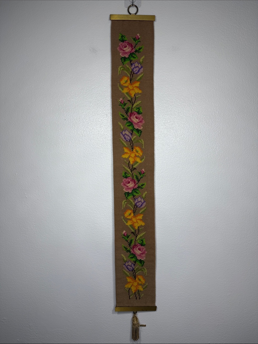 Handcrafted Floral Needlepoint Wall Hanging - Brown with Pink, Yellow & Purple